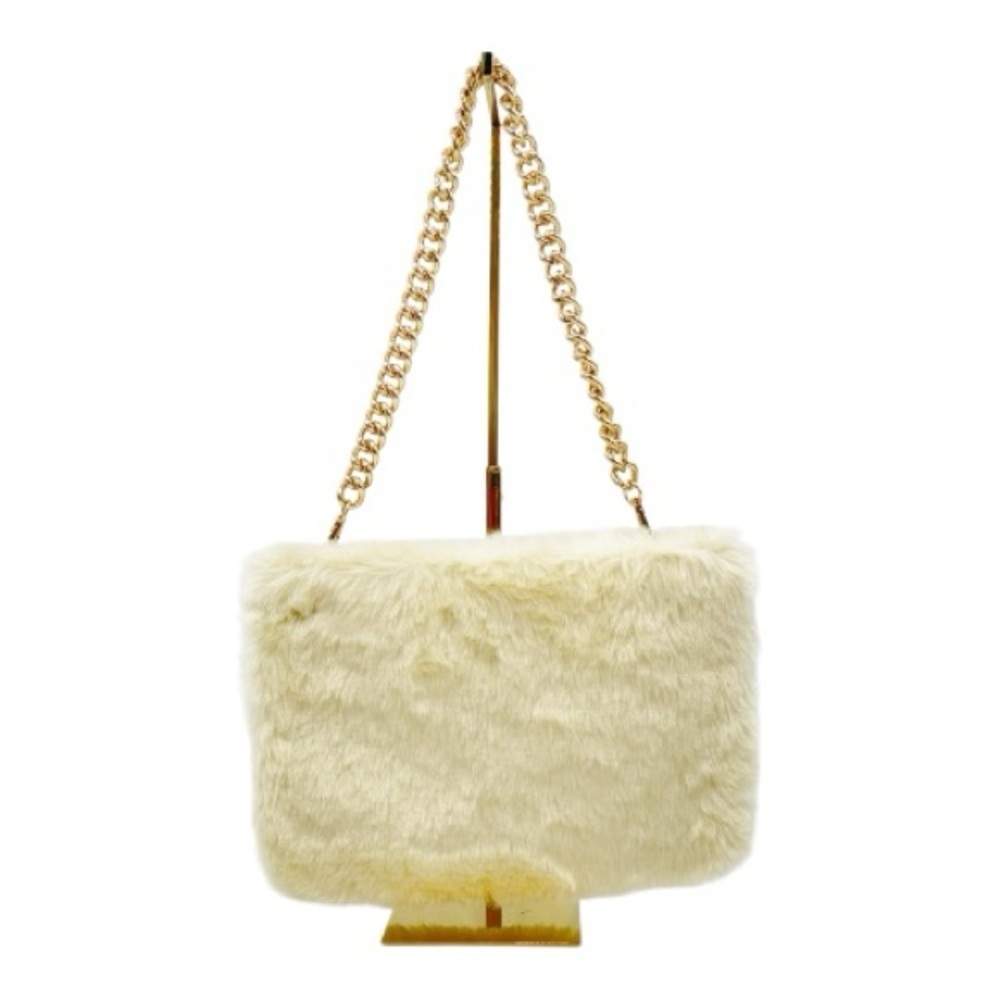 Jelanu Faux Fur Shoulder Bag with Gold Chain Strap – Cream & Pink Lined Handbag